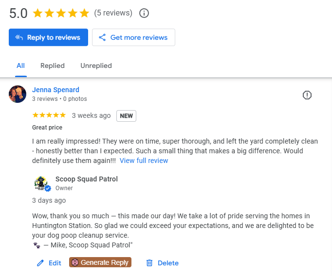 Google review screenshot for Scoop Squad Patrol